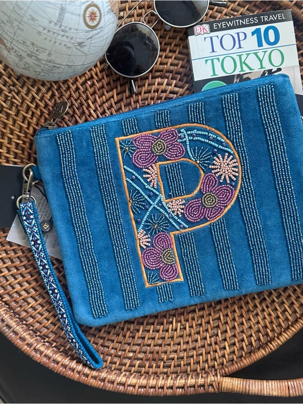 America & Beyond Teal Velvet Embellished Alphabet Initial Wristlet “P” New Tags